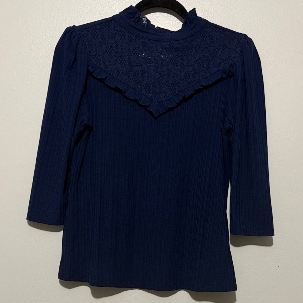 W5 Anthropologie Navy Blue Lace Accent Blouse